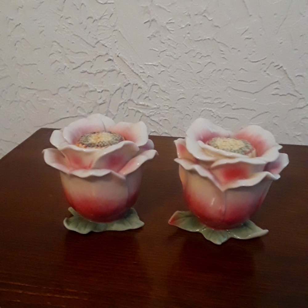 Franz Porcelain Camellia Salt & Pepper Shakers, Beautiful! 🌹🌹